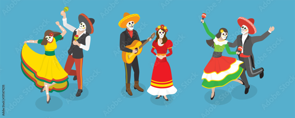 Fototapeta premium 3D Isometric Flat Vector Conceptual Illustration of Mexican Carnival, Day of the Dead Skeletons Party