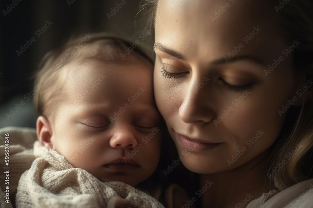 Close up view of mother and her sleeping newborn baby. Generative AI Close up view of mother and her sleeping newborn baby. Generative AI