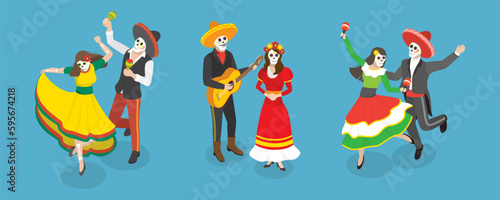 3D Isometric Flat Vector Conceptual Illustration of Mexican Carnival, Day of the Dead Skeletons Party