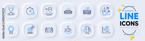 Cardio training, Arena stadium and Fishfinder line icons for web app. Pack of Juice, Timer, Target goal pictogram icons. Fitness, Winner podium, Reward signs. Laureate, Mountain flag, Arena. Vector