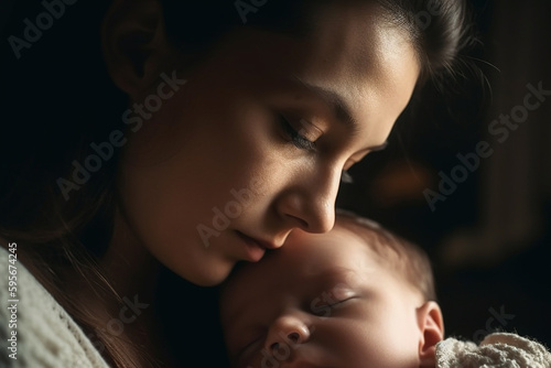 Close up view of mother and her sleeping newborn baby. Generative AI