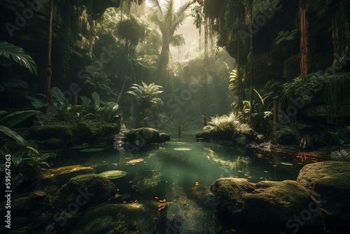 A lush and lavish jungle paradise with secret lagoons and cascading waterfalls. Generative AI © Leandro