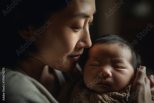Close up view of mother and her sleeping newborn baby. Generative AI