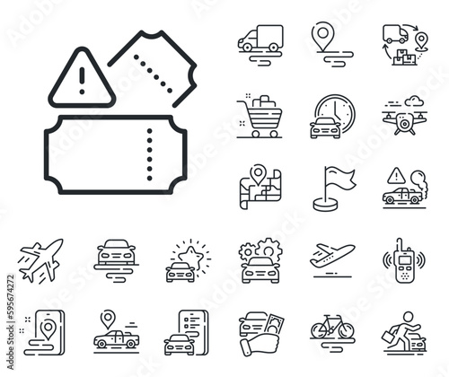 Transport entrance sign. Plane, supply chain and place location outline icons. Tickets line icon. Paid admission ticket symbol. Tickets line sign. Taxi transport, rent a bike icon. Travel map. Vector