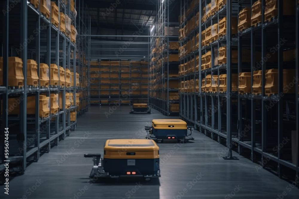 parcel package on autonomous Robotic transportation or Automated guided vehicle systems operating transfer box in automated warehouse. Generative AI parcel package on autonomous Robotic transportation or Automated guided vehicle systems operating transfer box in automated warehouse. Generative AI