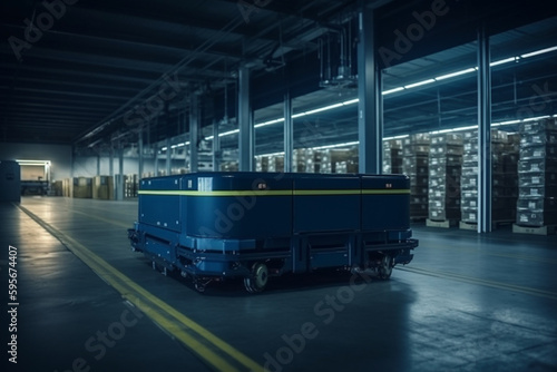 parcel package on autonomous Robotic transportation or Automated guided vehicle systems operating transfer box in automated warehouse. Generative AI