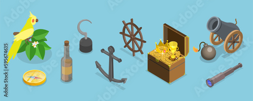 3D Isometric Flat Vector Set of Pirate Equipment, Vintage Caribbean Objects