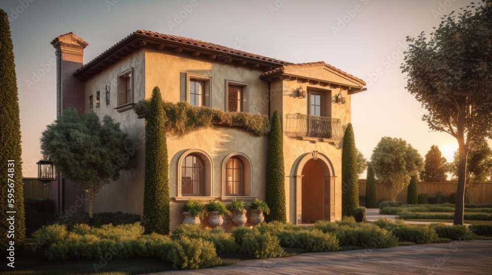 Tuscan exterior house design in daytime golden hour generative ai