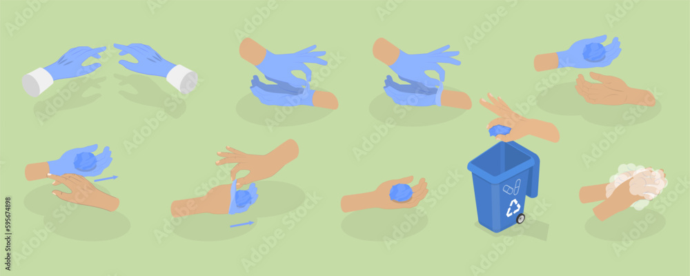 3D Isometric Flat Vector Conceptual Illustration of How To Remove Disposable Gloves, Health Safety Infographic 3D Isometric Flat Vector Conceptual Illustration of How To Remove Disposable Gloves, Health Safety Infographic