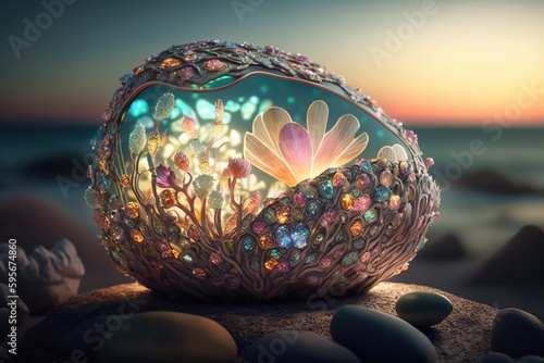 A beautiful glowing carnival glass faberge sculpture on a rocky beach