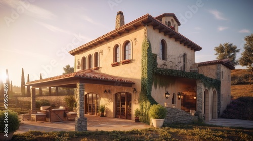 Tuscan exterior house design in daytime golden hour generative ai