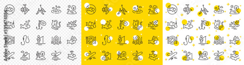 Inflatable boat, Worms or Maggot bait and Fishing rod set. Fishing line icons. Float bobber, echo sounder and hook with worms line icons. Fisherman in boat, spinning rod and maggot lure. Vector