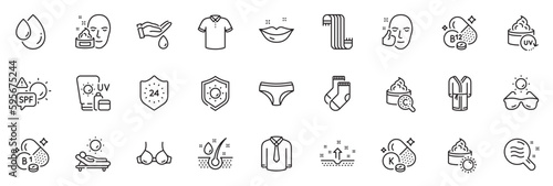 Icons pack as Lounger, Thiamine vitamin and Spf protection line icons for app include Serum oil, 24 hours, Healthy face outline thin icon web set. Panties, T-shirt, Clean skin pictogram. Vector