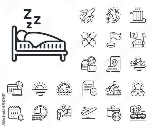 Night rest bed sign. Plane jet, travel map and baggage claim outline icons. Sleep line icon. Human bedtime symbol. Sleep line sign. Car rental, taxi transport icon. Place location. Vector