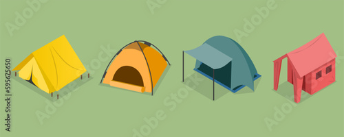 3D Isometric Flat Vector Set of Camping Travel Tents, Outing Equipment