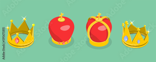 3D Isometric Flat Vector Set of Golden Crowns, Monarch Jewels