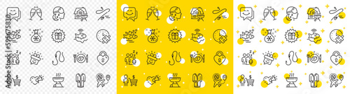 Outline Buyer, Surprise gift and Santa sack line icons pack for web with Smile face, Fishing rod, Fish school line icon. Love message, Flight sale, Grill pictogram icon. Home grill. Vector