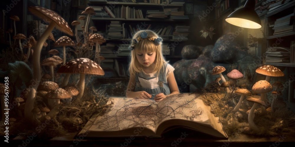child reading a fantasy book surrounded by imaginary mushrooms