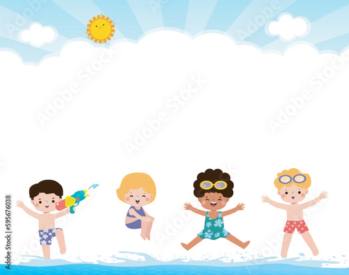 Hello Summer, Group of Happy kids in swimming clothes jumping on beach, kids with jumping into swimming, kids playing pool party Funny cartoon flat vector illustration isolated on background
