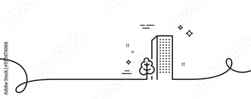 Buildings line icon. Continuous one line with curl. City architecture with tree sign. Skyscraper building symbol. Buildings single outline ribbon. Loop curve pattern. Vector
