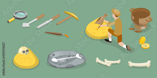 3D Isometric Flat Vector Conceptual Illustration of Archeology Equipment, Archaeological Excavation