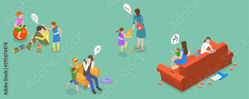 3D Isometric Flat Vector Conceptual Illustration of ADHD Problem, Children with Neurodevelopmental Disorders