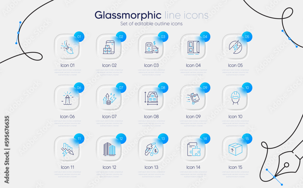 Naklejka premium Set of Filling station, Strategy and Open door line icons for web app. Saving electricity, Mobile inventory, Inventory cart icons. Brush, Petrol station, Electric energy signs. Vector