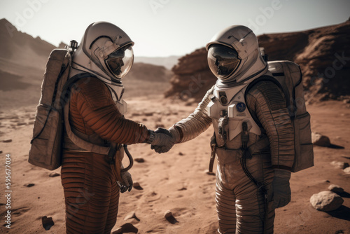 Two astronauts shaking hands on mars. Generative AI.