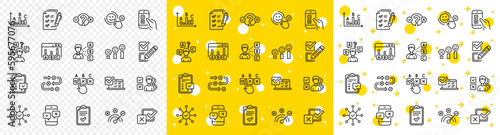 Opinion, Customer satisfaction feedback and Test icons. Survey, Report review line icons. Checklist review, Quiz and Business report symbols. Evaluation quiz, Feedback chart, Management. Vector