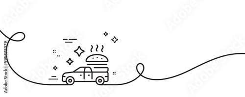 Food delivery line icon. Continuous one line with curl. Pickup transport sign. Restaurant service symbol. Food delivery single outline ribbon. Loop curve pattern. Vector