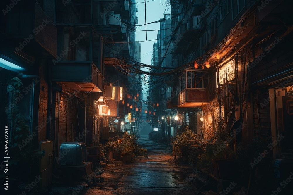 A neon-lit cyber alley in a gritty urban landscape. Generative AI