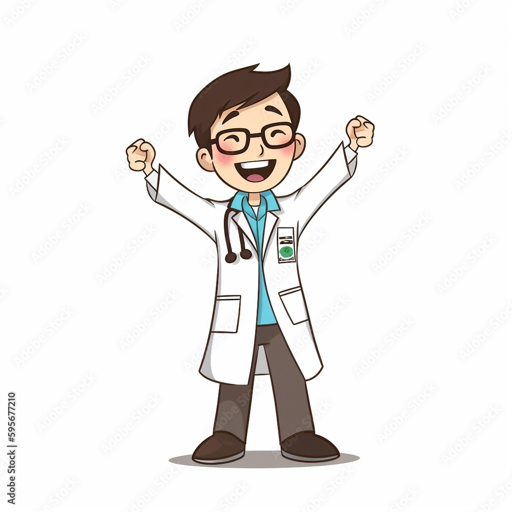 happy cartoon tall doctor wear glasses with two hands up happy cartoon tall doctor wear glasses with two hands up