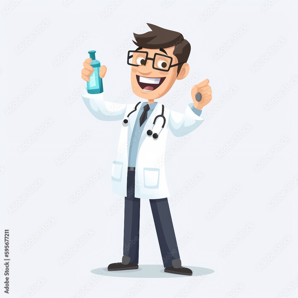 happy cartoon tall doctor with glasses holding water bottle happy cartoon tall doctor with glasses holding water bottle
