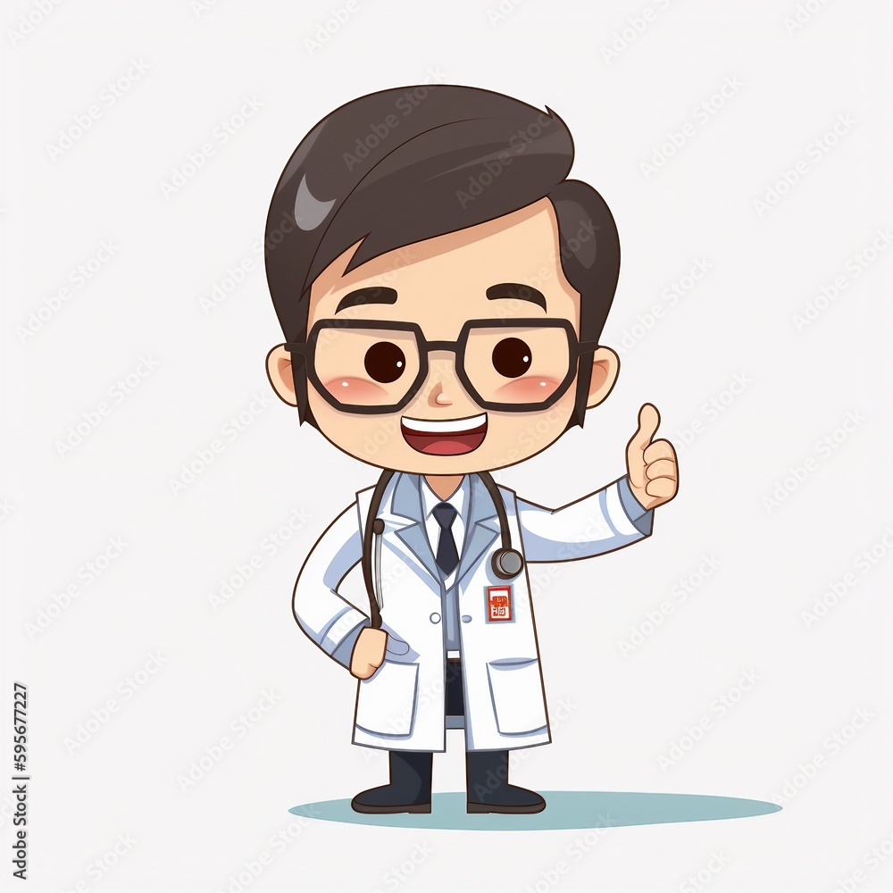 happy cartoon small doctor wear glasses with one hands up and other in pocket