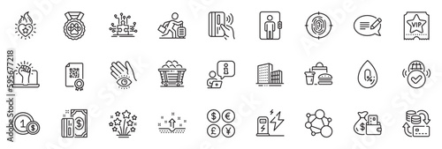 Icons pack as Contactless payment, Travel delay and Message line icons for app include Fingerprint, Dog competition, Vip ticket outline thin icon web set. Meditation eye, Money change. Vector