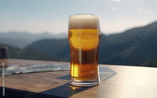 A glass of lager beer on a table on a mountain background fresh light beer illustration Generative AI
