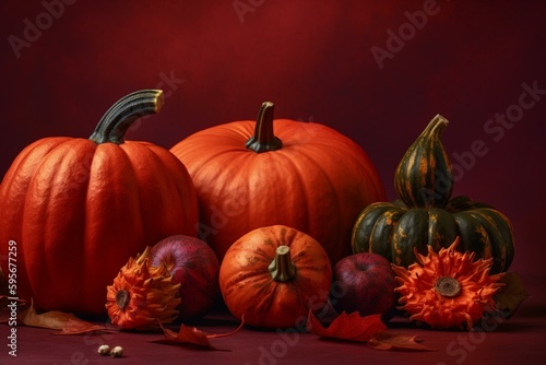 Modern autumn banner with assorted pumpkins on deep red background. Generative AI