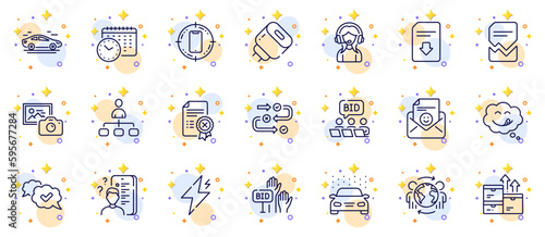 Outline set of Global business, Approved and Wholesale goods line icons for web app. Include Survey, Car wash, Smartphone target pictogram icons. Smile, Survey progress, Support signs. Vector