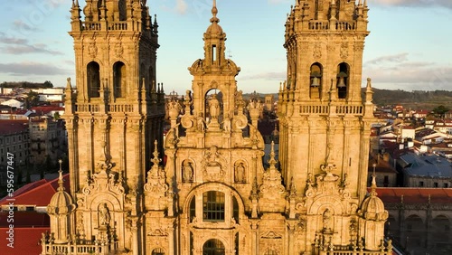 Aerial view of famous Cathedral of Santiago de Compostela. Travel destination in north of Spain Way of St James. Spain
