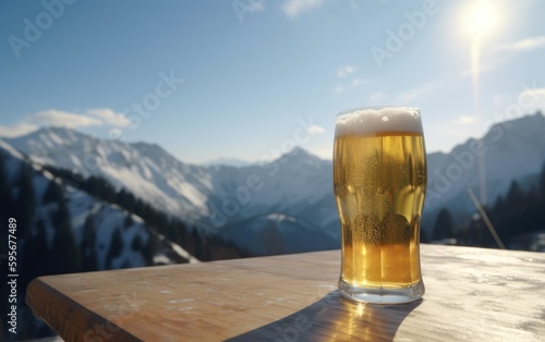 A glass of lager beer on a table on a mountain background fresh light beer illustration Generative AI