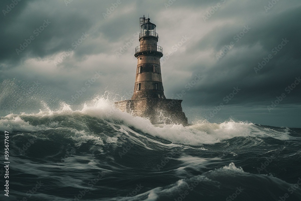 Stormy sea lighthouse. Generative AI