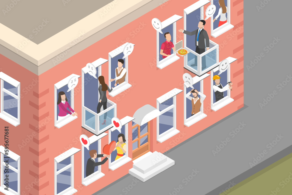 3D Isometric Flat Vector Conceptual Illustration of Neighbors, Apartment Building with People 3D Isometric Flat Vector Conceptual Illustration of Neighbors, Apartment Building with People