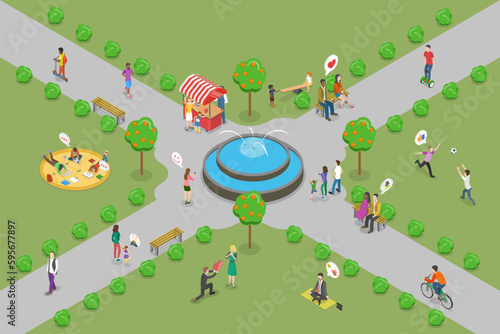 3D Isometric Flat Vector Conceptual Illustration of City Park, Outdoor Summertime Activities