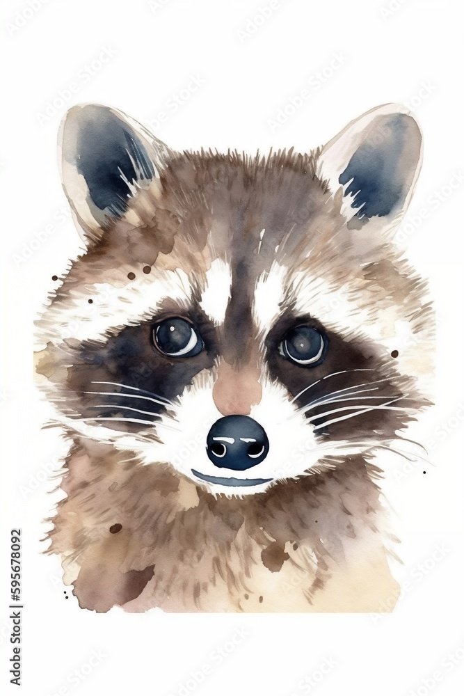 watercolor cute racoon with big eyes. vector illustration of woodland animal. nursery art. wall art. isolated on white background. generative ai