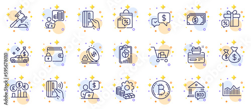Outline set of Internet shopping, Business person and Inflation line icons for web app. Include Banking, Currency rate, Budget accounting pictogram icons. Money diagram, Auction hammer. Vector