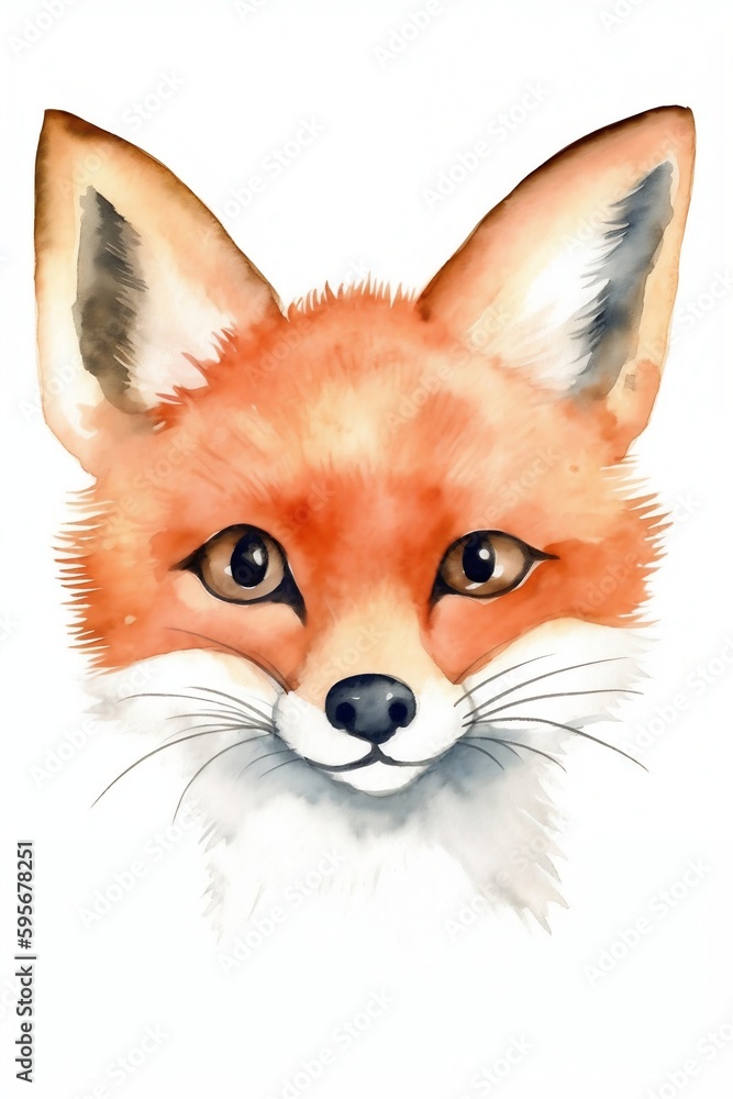 Obraz premium Watercolor cute fox portrait. Vector Illustration of woodland animal. Nursery Art. Wall art. Isolated on white background. Generative AI