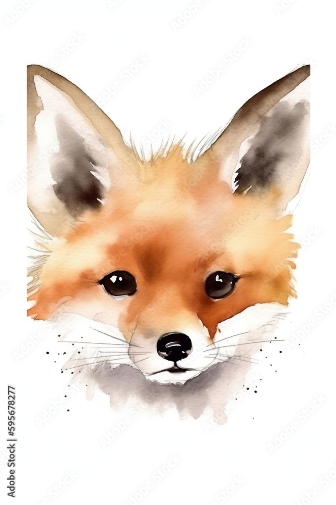 Watercolor cute fox portrait. Vector Illustration of woodland animal. Nursery Art. Wall art. Isolated on white background. Generative AI