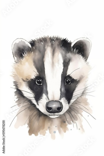 Watercolor cute badger with big eyes. Vector Illustration of woodland animal. Nursery Art. Wall art. Isolated on white background. Generative AI