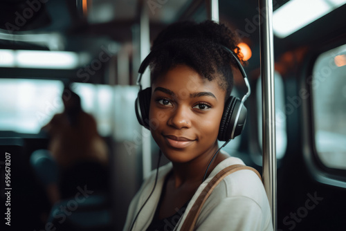 Portrait of young african american woman traveling sitting in a city bus while listening to music with white headphones. Generative AI