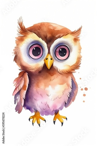 Watercolor cute owl portrait with big eyes. Vector Illustration of woodland animal. Nursery Art. Wall art. Isolated on white background. Generative AI